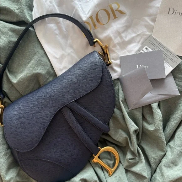 Dior Navy Grained Leather Medium Saddle Bag - Picture 2 of 13